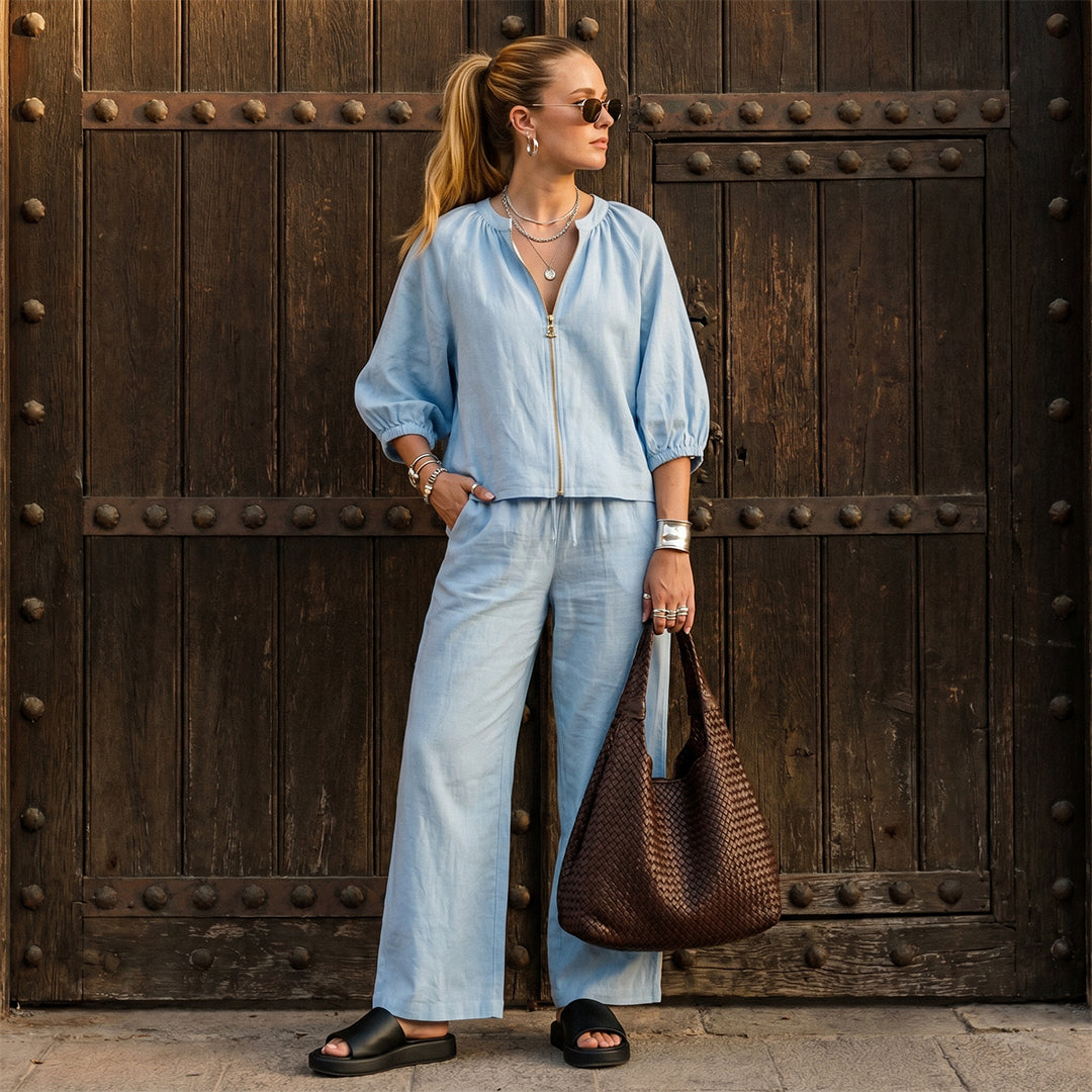 Linen Cotton Zipper Shirt & Wide-Leg Pants Set