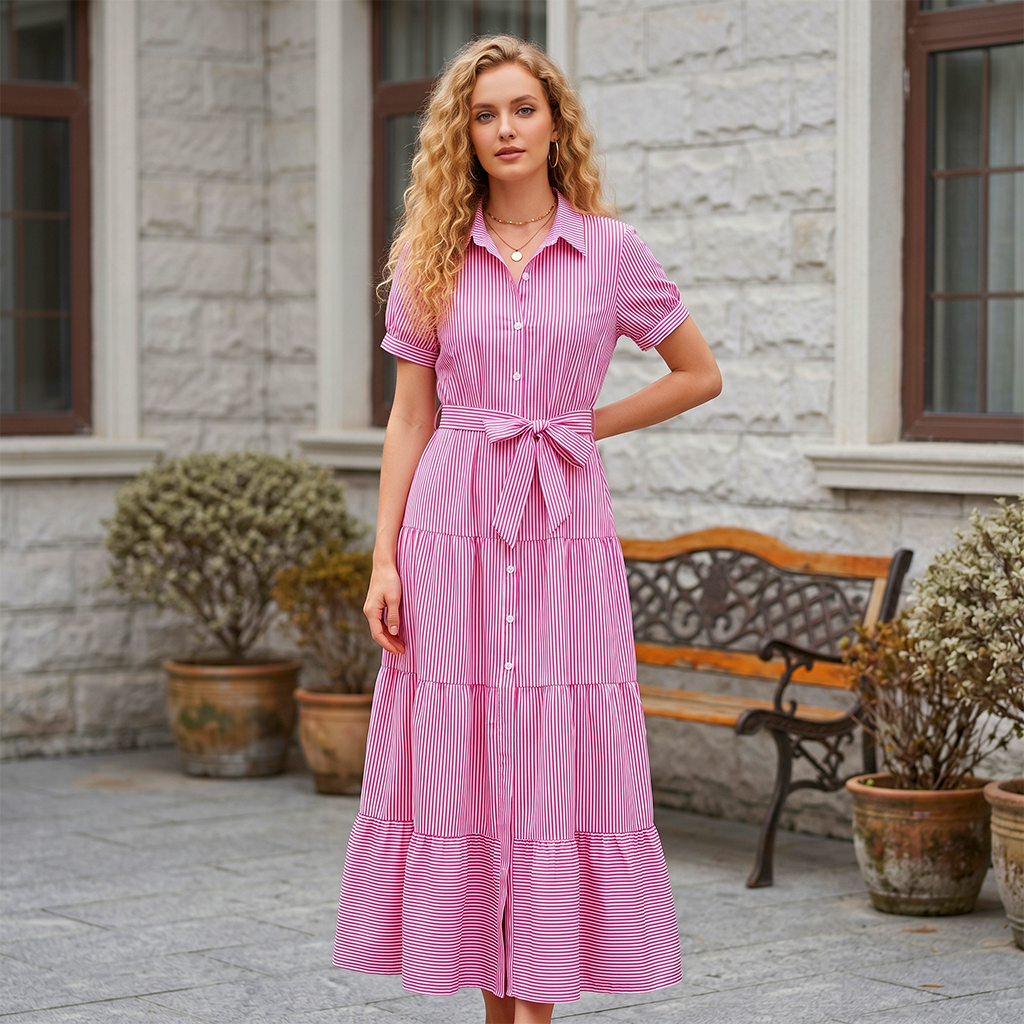 Striped Tie Waist Ruffle Maxi Shirt Dress