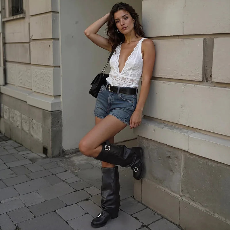 Women’s Round-Toe Buckle Knee-High Rider Boots