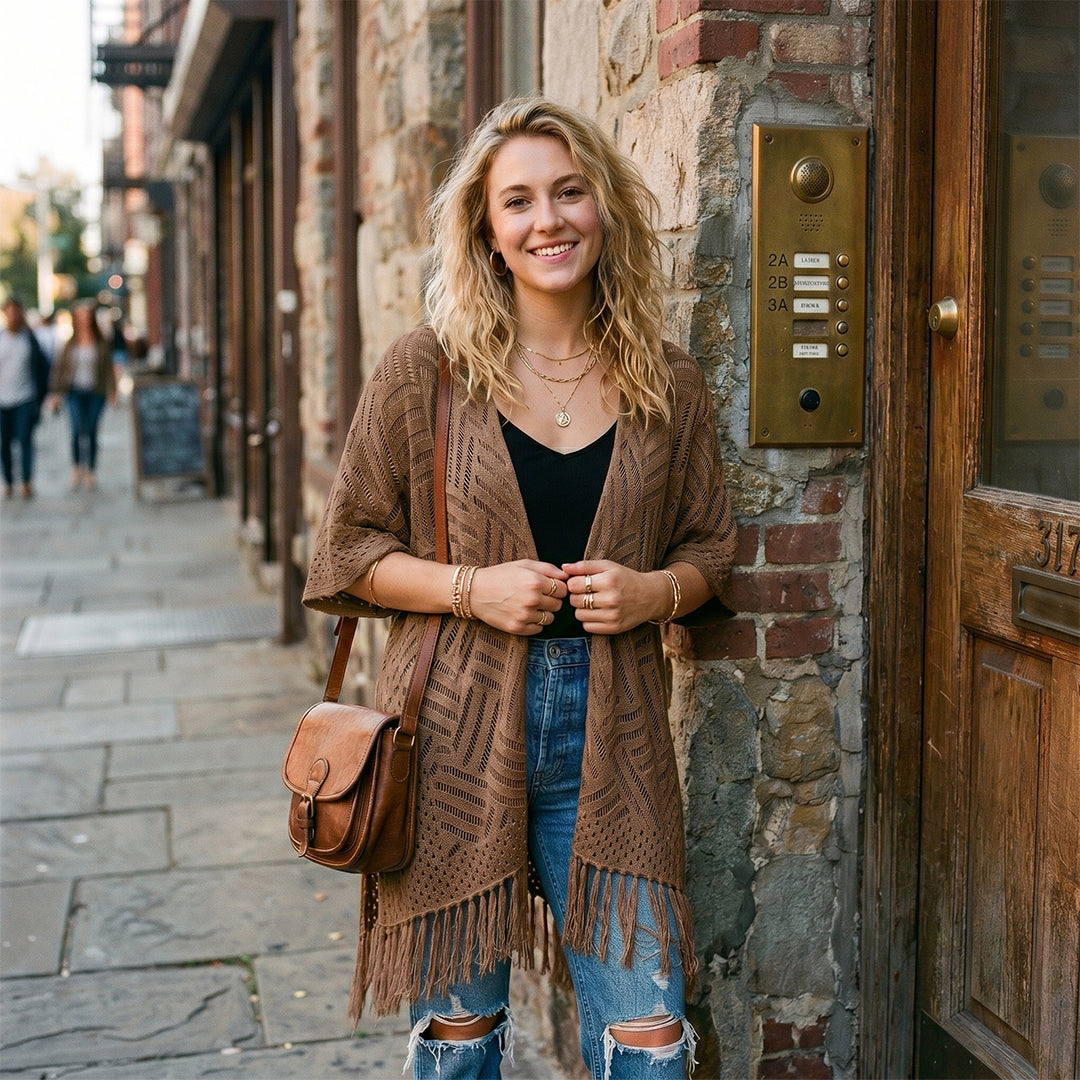 Fishnet Hollow Knit Fringe Cardigan