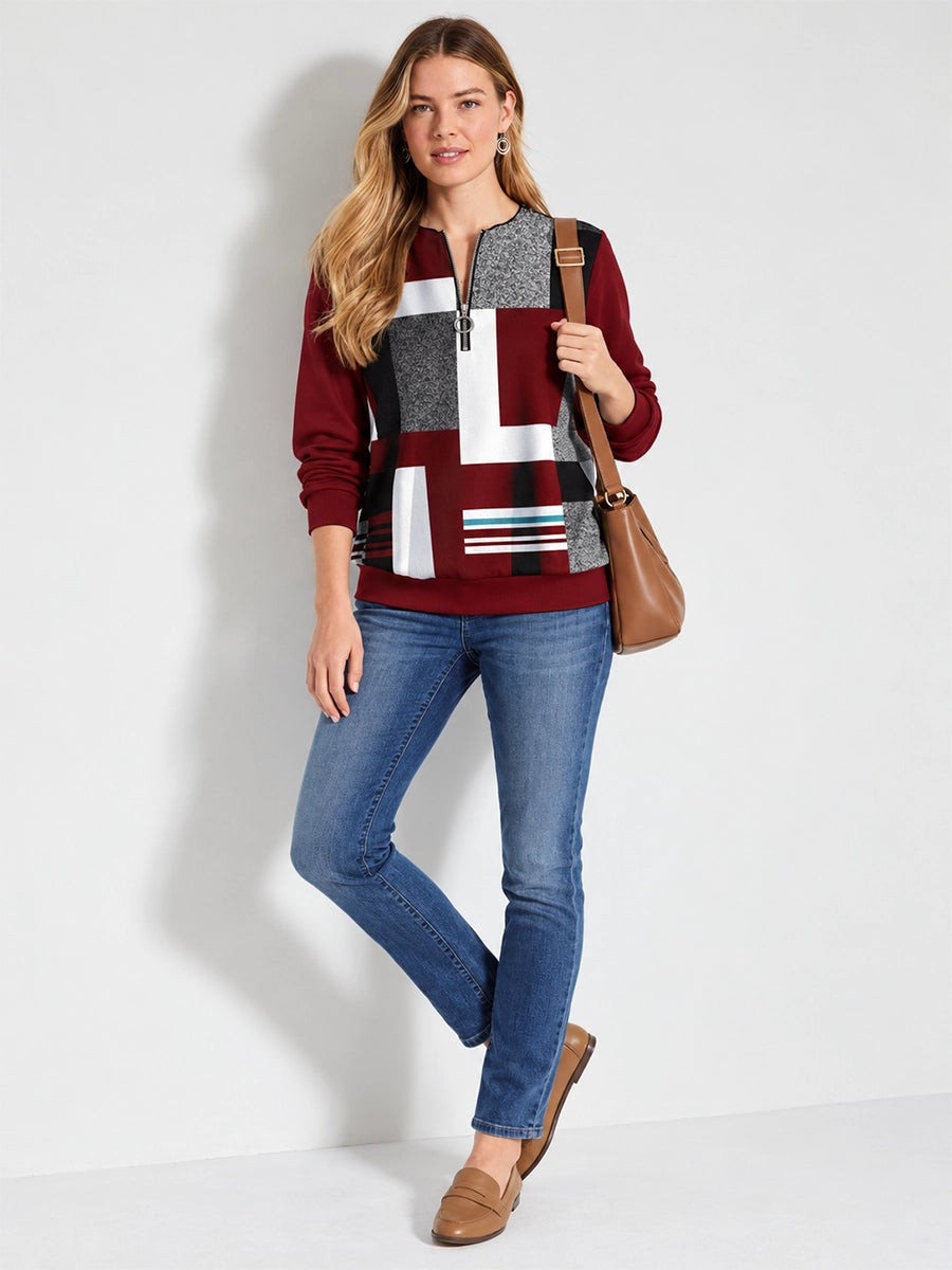 Color-Block Zip-Neck Knit Sweater for Casual Layering