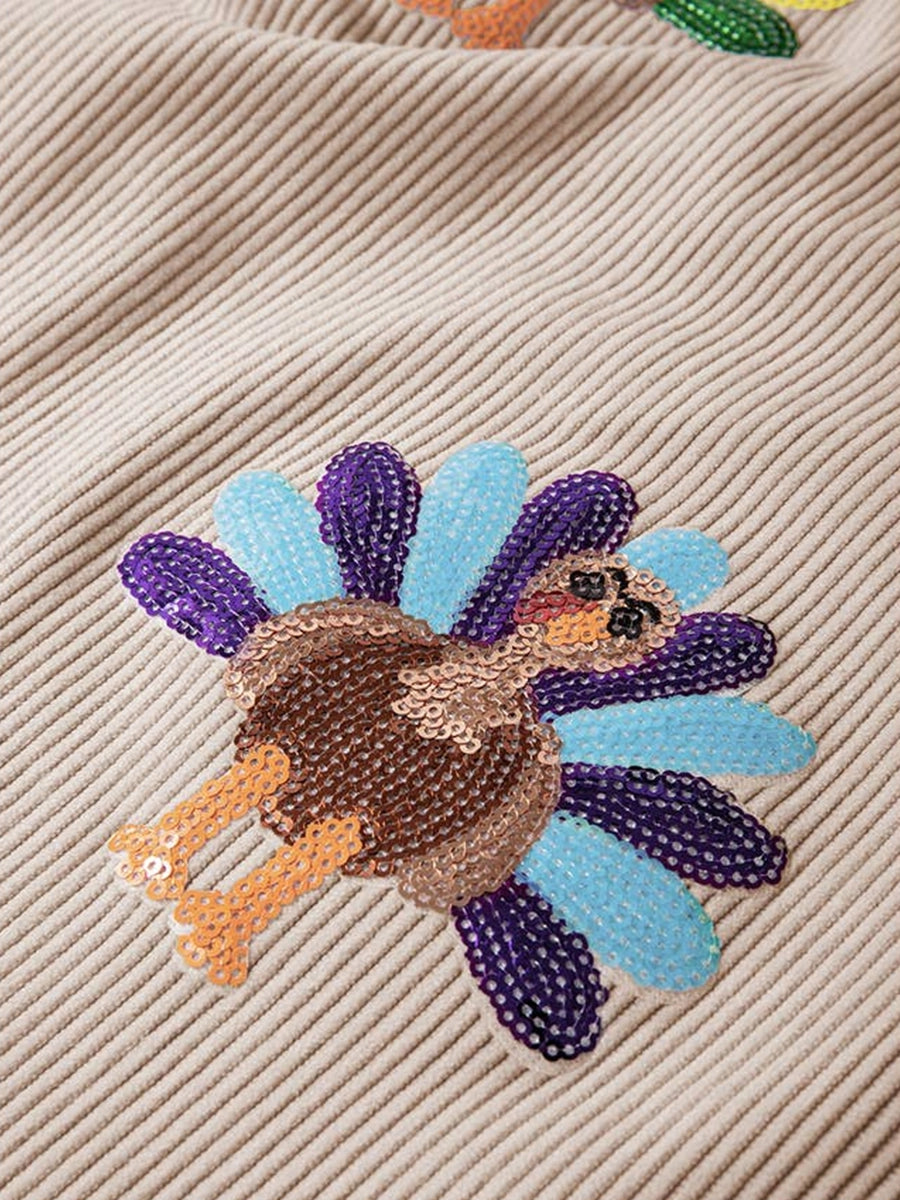 Sequin Turkey Graphic Ribbed Sweatshirt