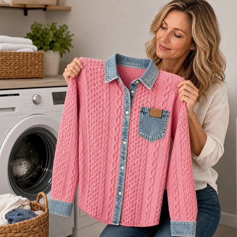 Women’s Denim Patchwork Knit Shirt Jacket