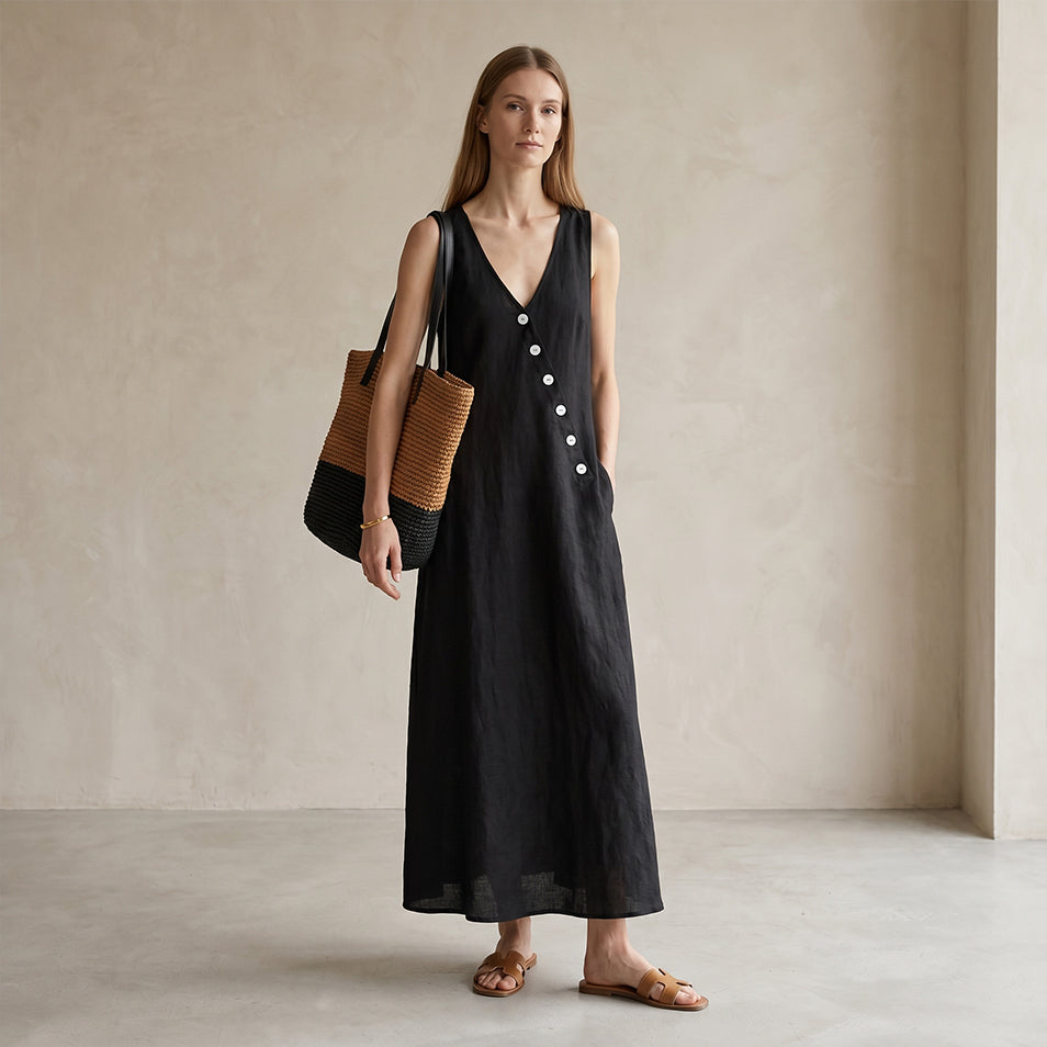 Oblique Button Sleeveless Dress