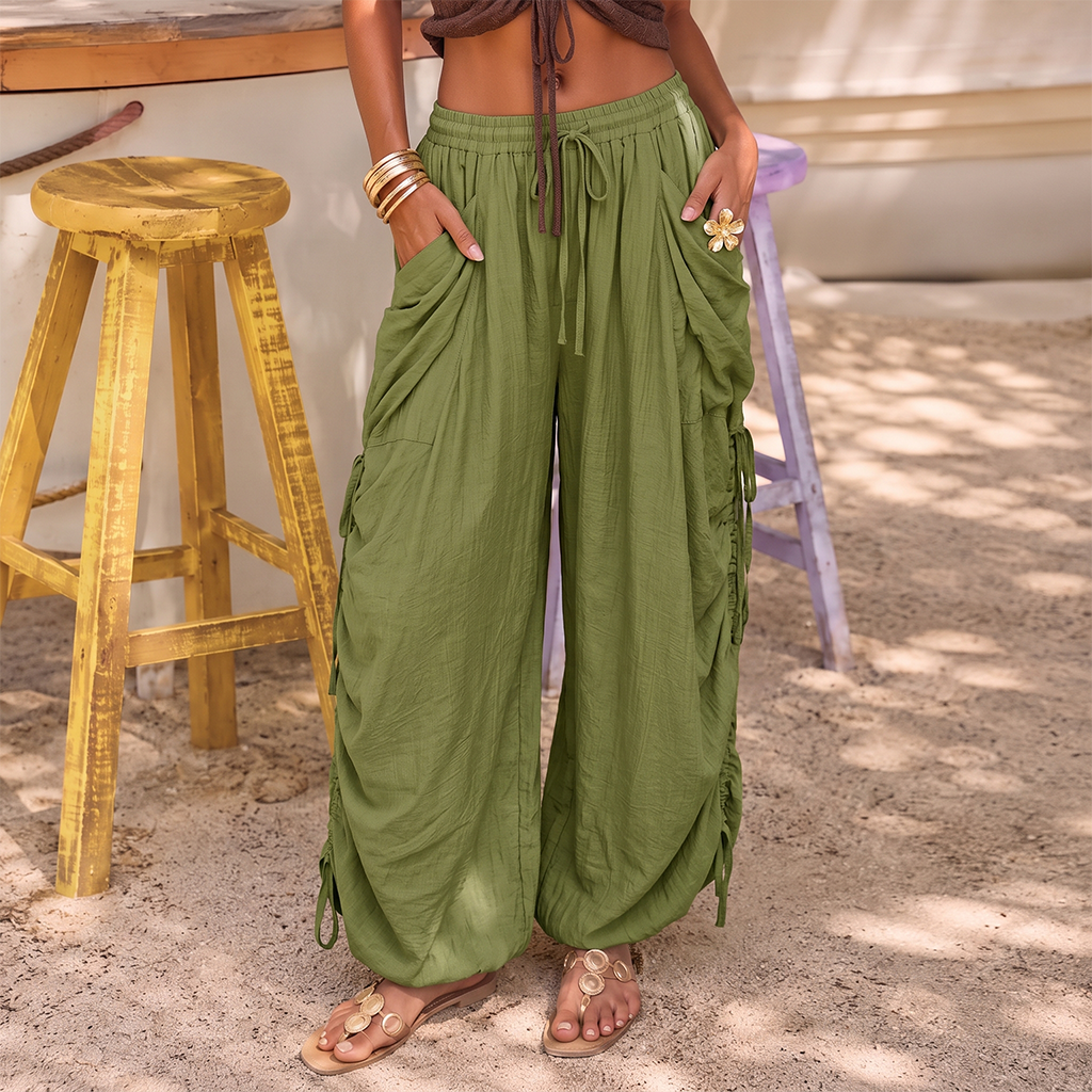 Wide Leg Loose Casual Pants with Waist Tie and Side Pockets