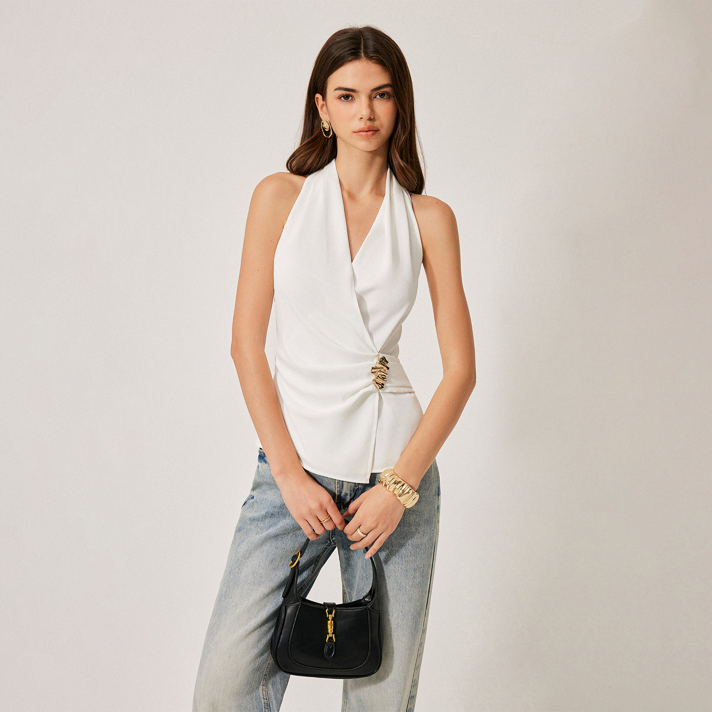 Crisscross Neckline Metal Detail Sleeveless Blouse