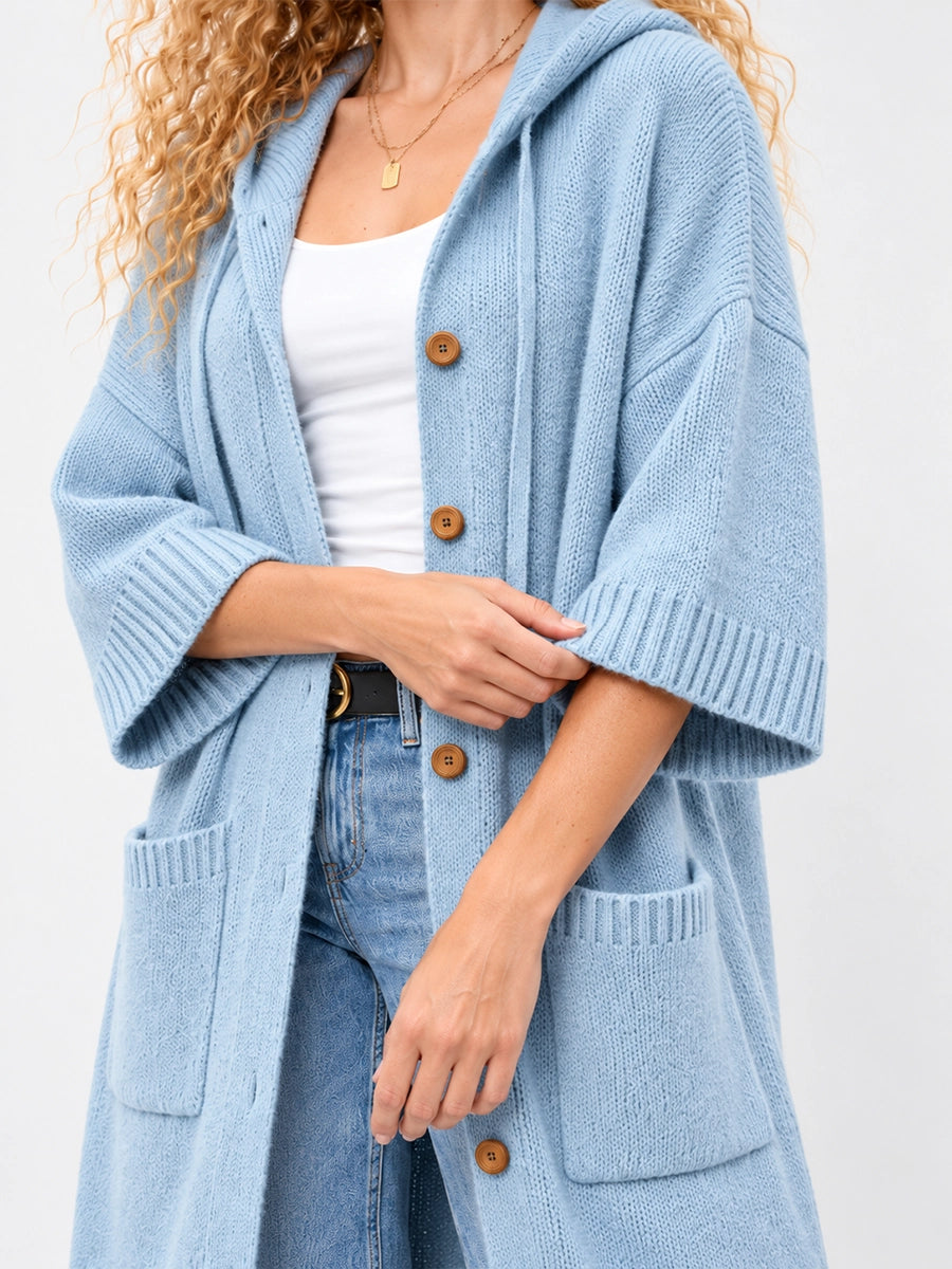 Long Hooded Button-Front Knit Cardigan with Pockets
