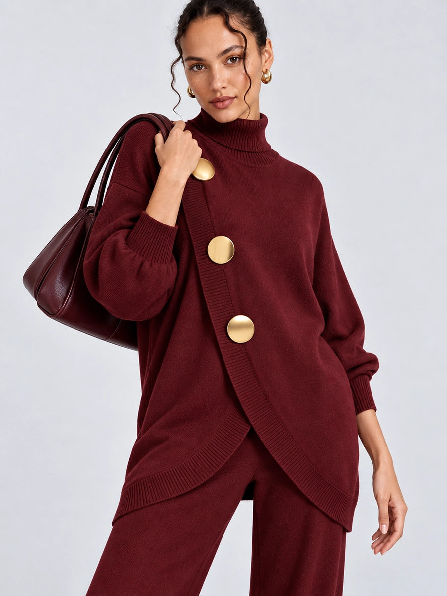 Women's Asymmetrical Button Knit Top and Pants Set