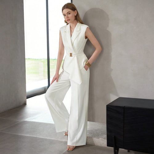 Solid Peak Collar Belted Waistcoat