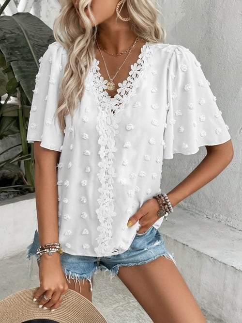 🔥 Elegant Swiss Dot Lace Butterfly Sleeve Shirt