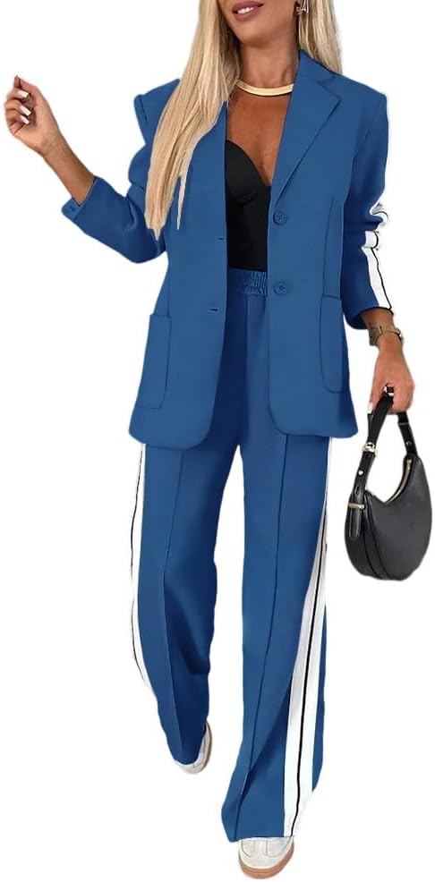 Women’s Two-Piece Blazer & Pants Set – Striped Business Casual Suit