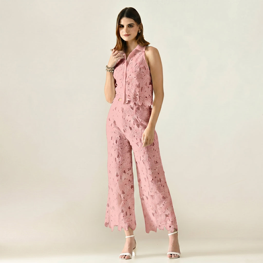 Hollow V-Neck Off Shoulder Embroidered Two Piece Set