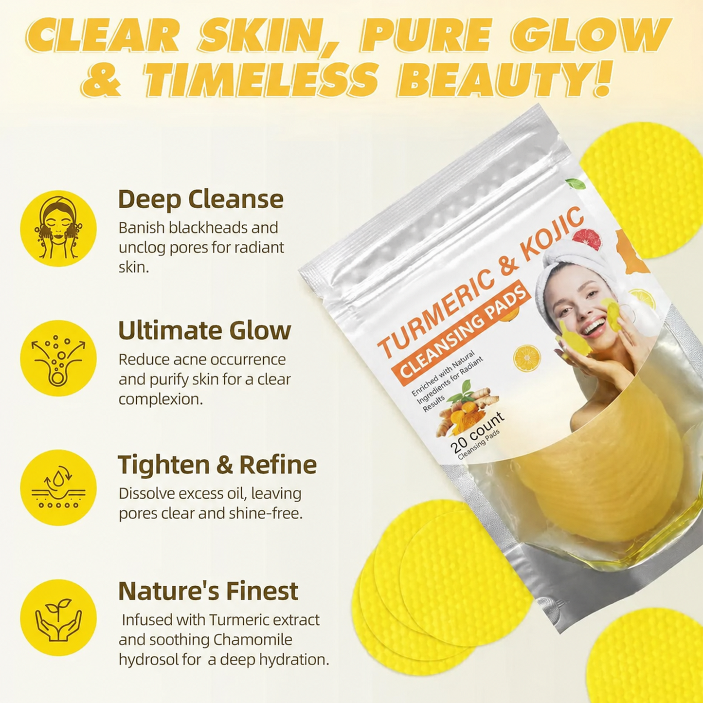💸 SAVE BIG 💸  Natural Turmeric & Kojic Acid Exfoliating Cleansing Pads for Dark Spots | 40 Pads 🧼