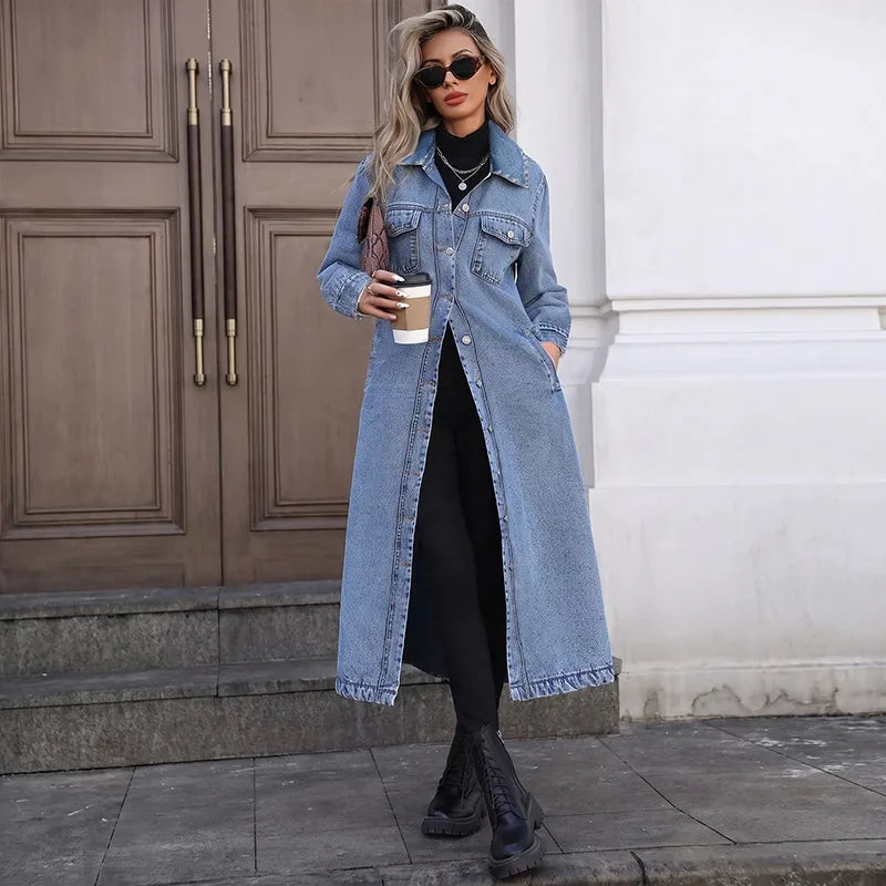 Women’s Longline Button-Front Denim Coat