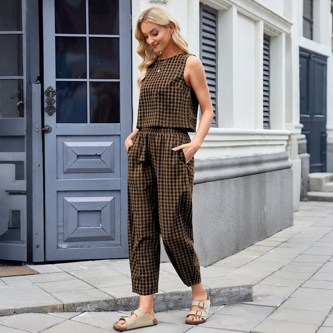 Plaid Sleeveless Top and Pants Set