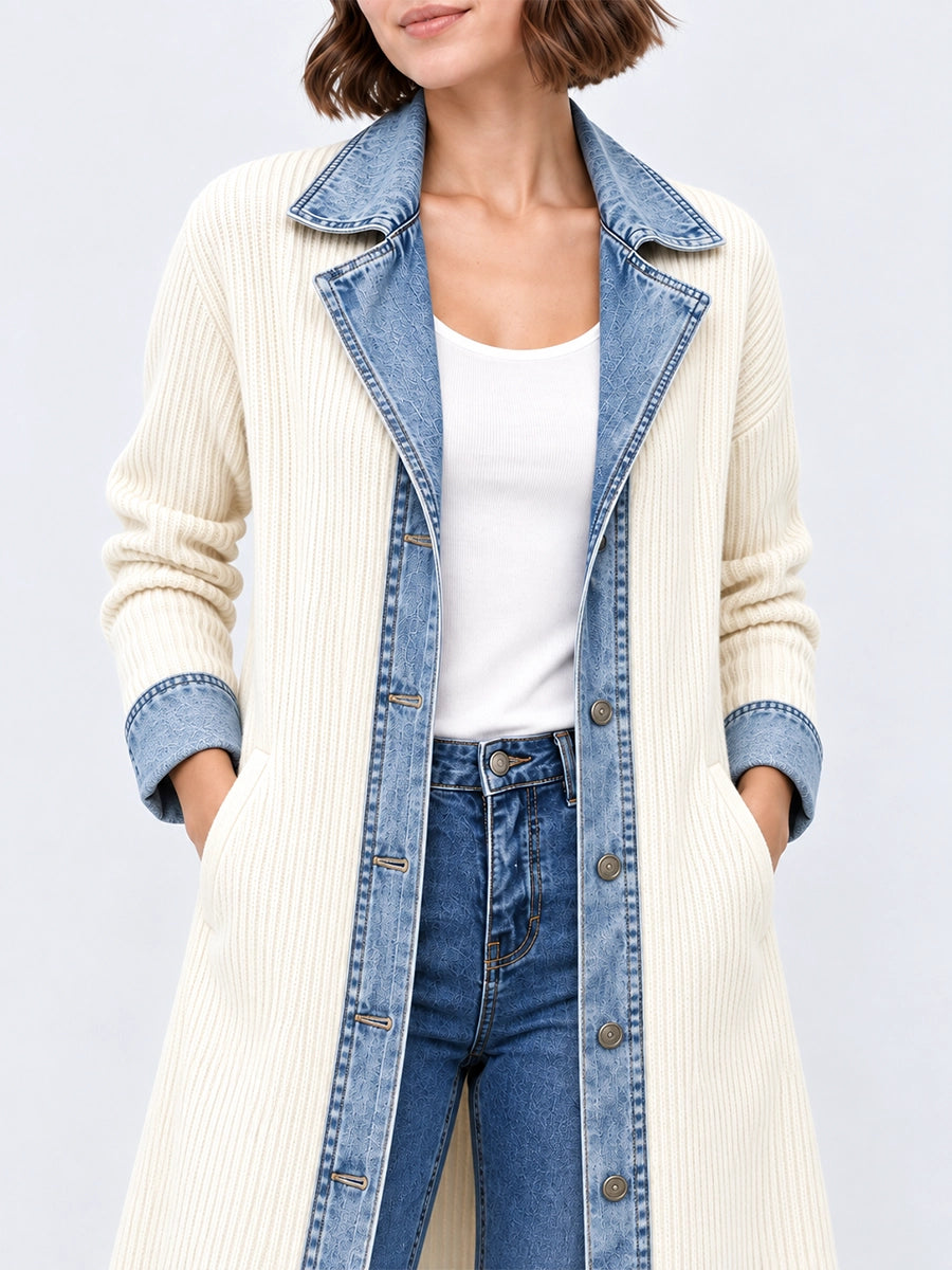 Long Knit Cardigan with Denim-Style Trim