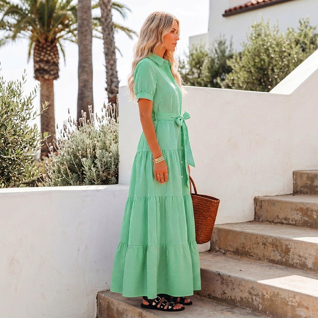 Striped Tie Waist Ruffle Maxi Shirt Dress