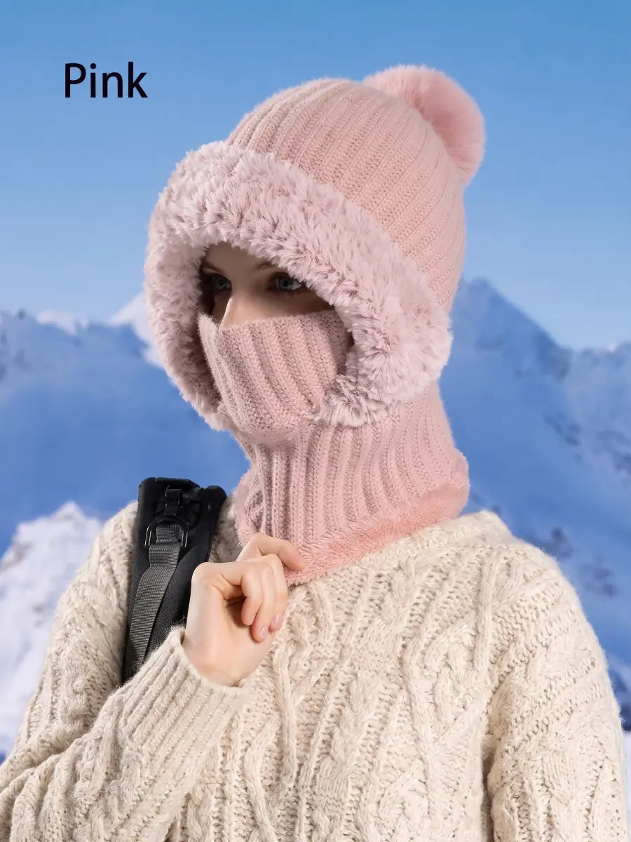 Fleece-Lined Knit Hat with Face Cover for Chilly Days