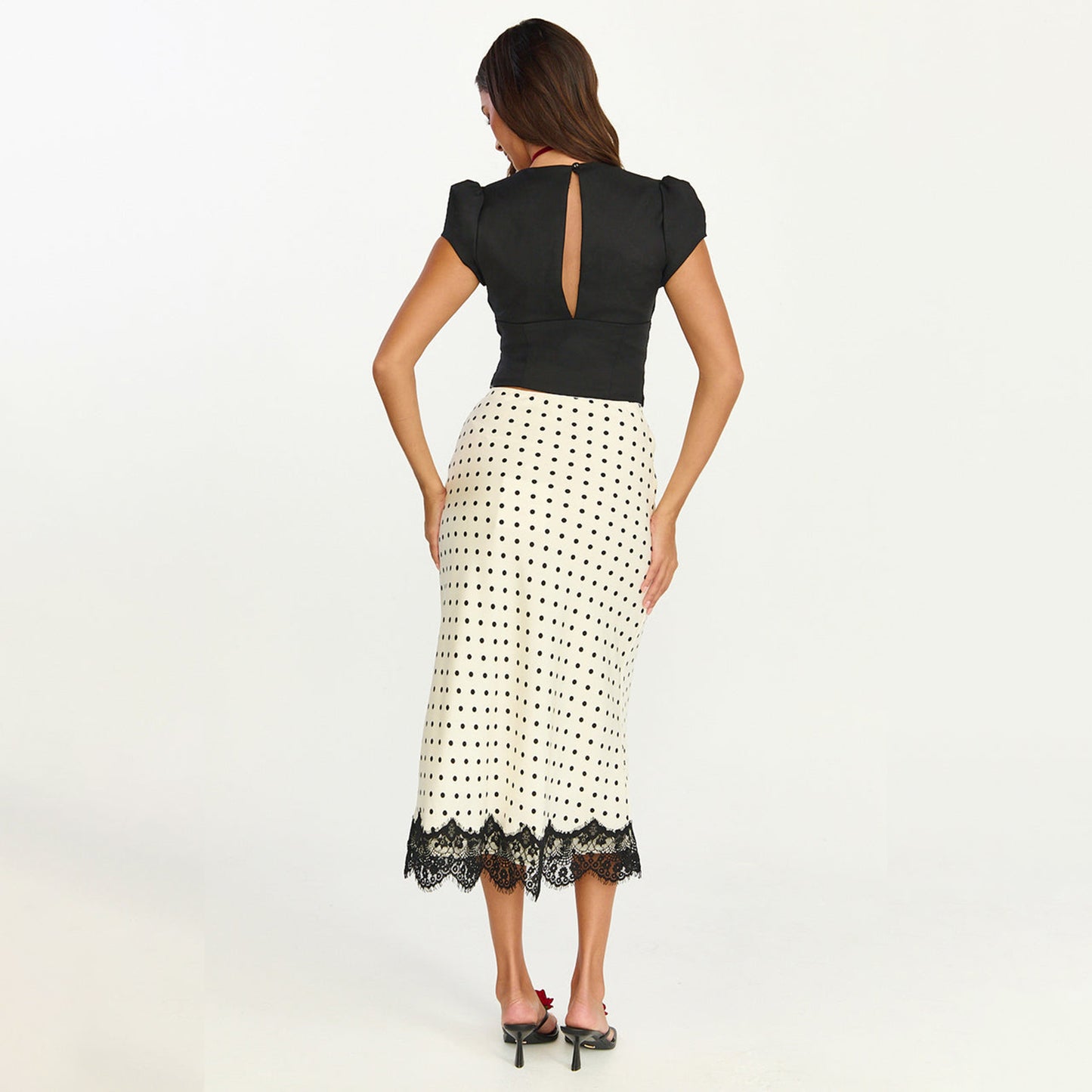 Lace Spliced Polka Dot Midi Skirt