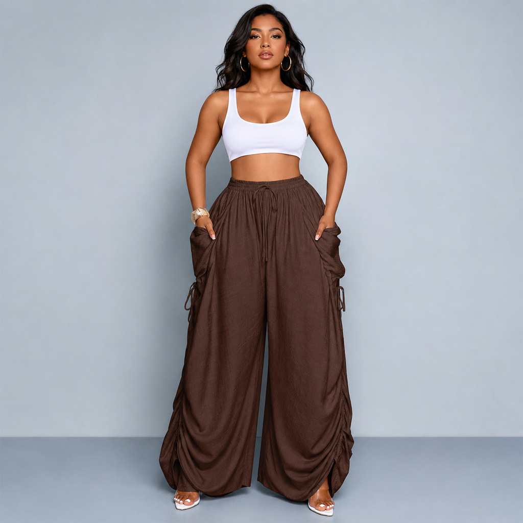 Wide Leg Loose Casual Pants with Waist Tie and Side Pockets