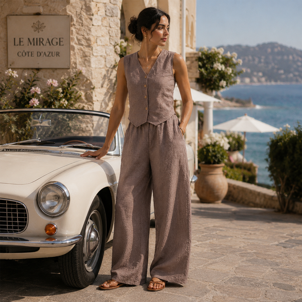 Women Summer V-Neck Front Clasp Tank & Long Pants Casual Work Suit