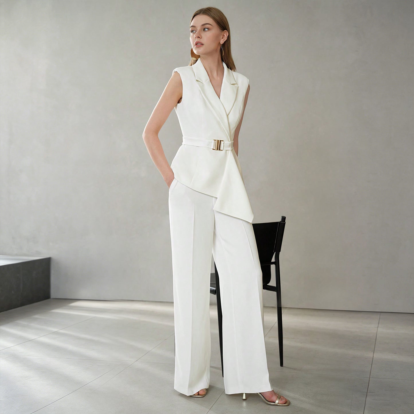 Solid Peak Collar Belted Waistcoat