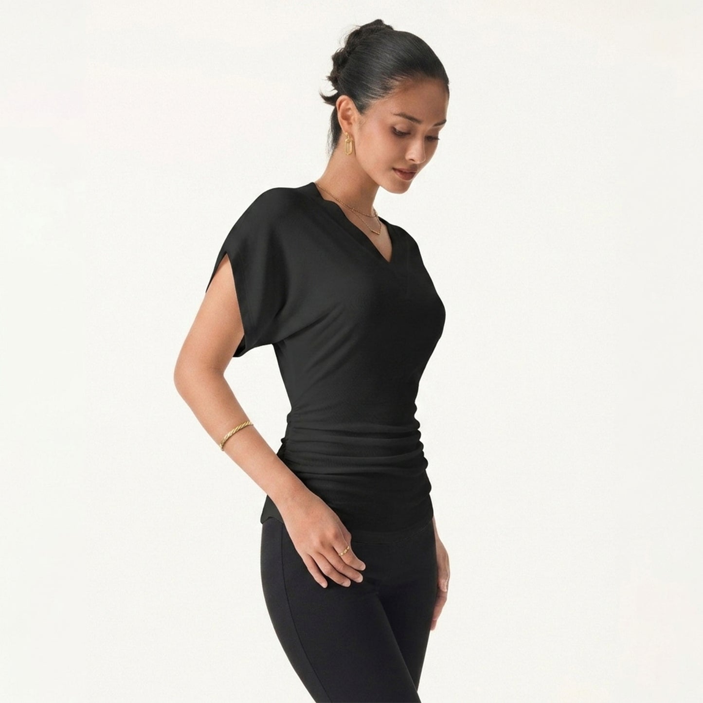 V-Neck Waist-Cinching Ruched T-Shirt
