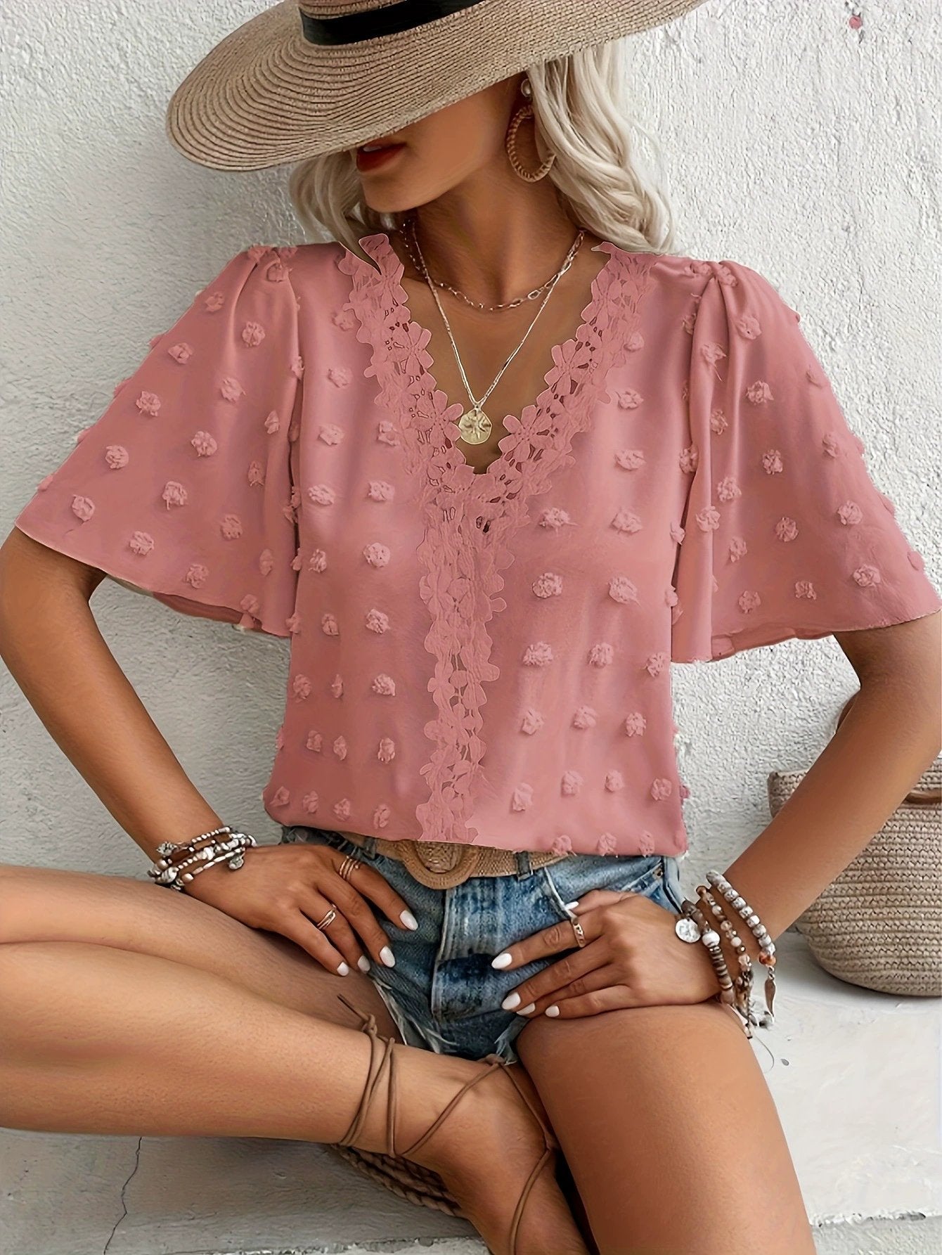 🔥 Elegant Swiss Dot Lace Butterfly Sleeve Shirt