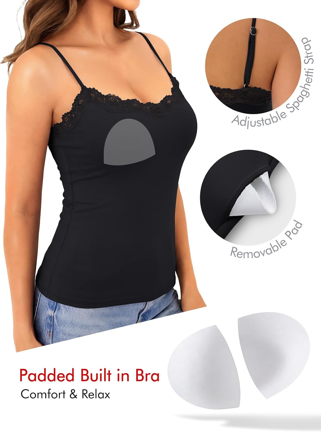 Women's Built in Bra Lace Tank Tops Double Lined Summer Cami Shirt