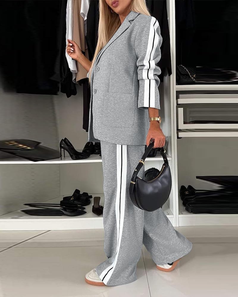 Women’s Two-Piece Blazer & Pants Set – Striped Business Casual Suit