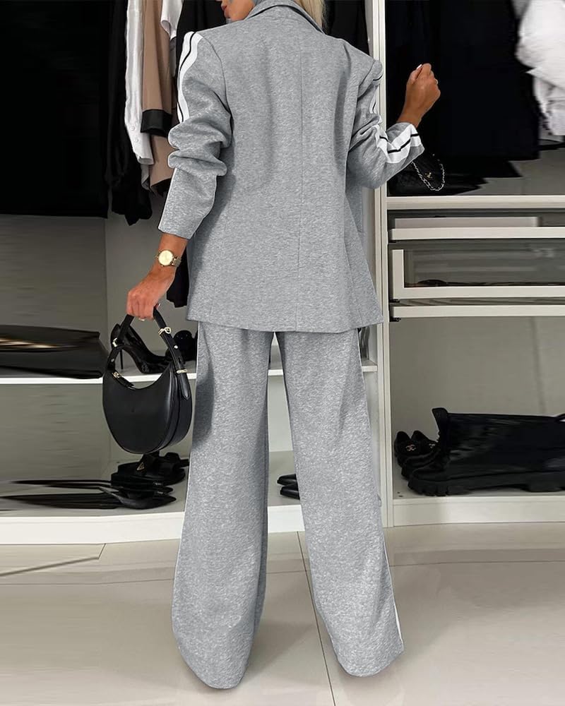 Women’s Two-Piece Blazer & Pants Set – Striped Business Casual Suit