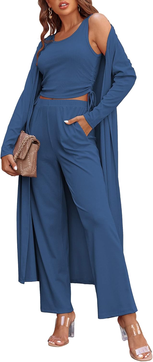 Women’s 3-Piece Lounge Set Cardigan Tank Top Pants Pajamas