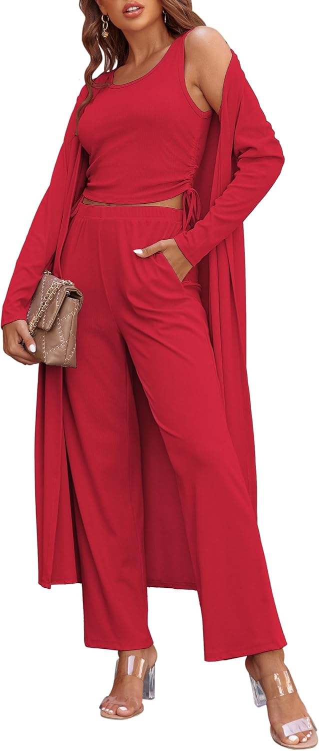 Women’s 3-Piece Lounge Set Cardigan Tank Top Pants Pajamas