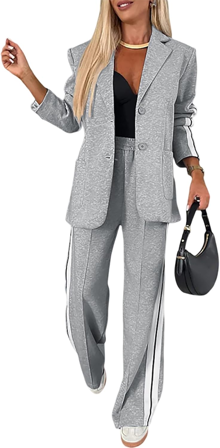 Women’s Two-Piece Blazer & Pants Set – Striped Business Casual Suit