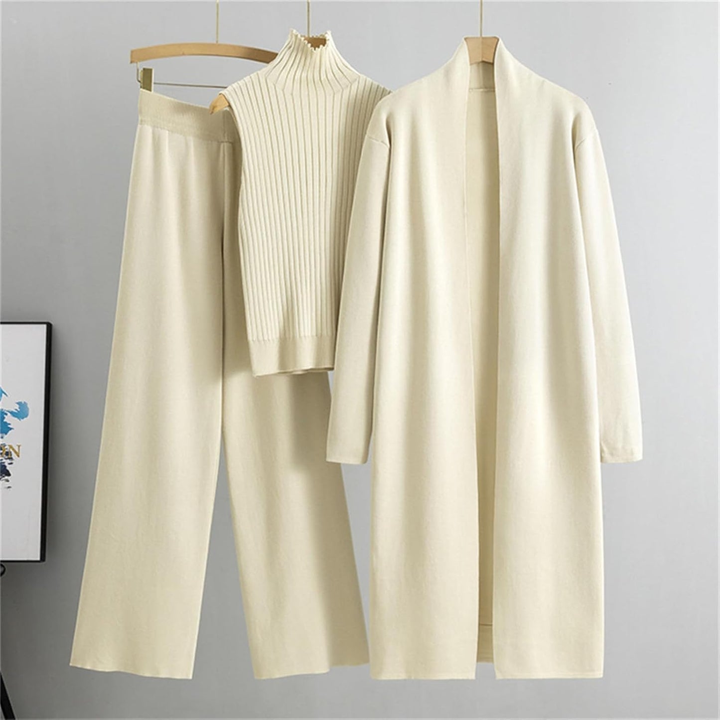 Women’s 3-Piece Knit Lounge Set – Cardigan, Tank & Wide Leg Pants