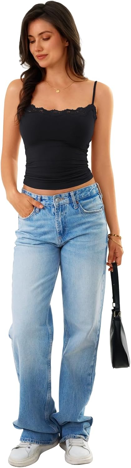 Women's Built in Bra Lace Tank Tops Double Lined Summer Cami Shirt