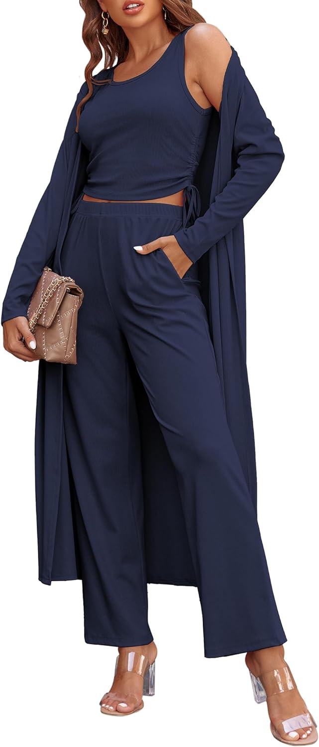 Women’s 3-Piece Lounge Set Cardigan Tank Top Pants Pajamas