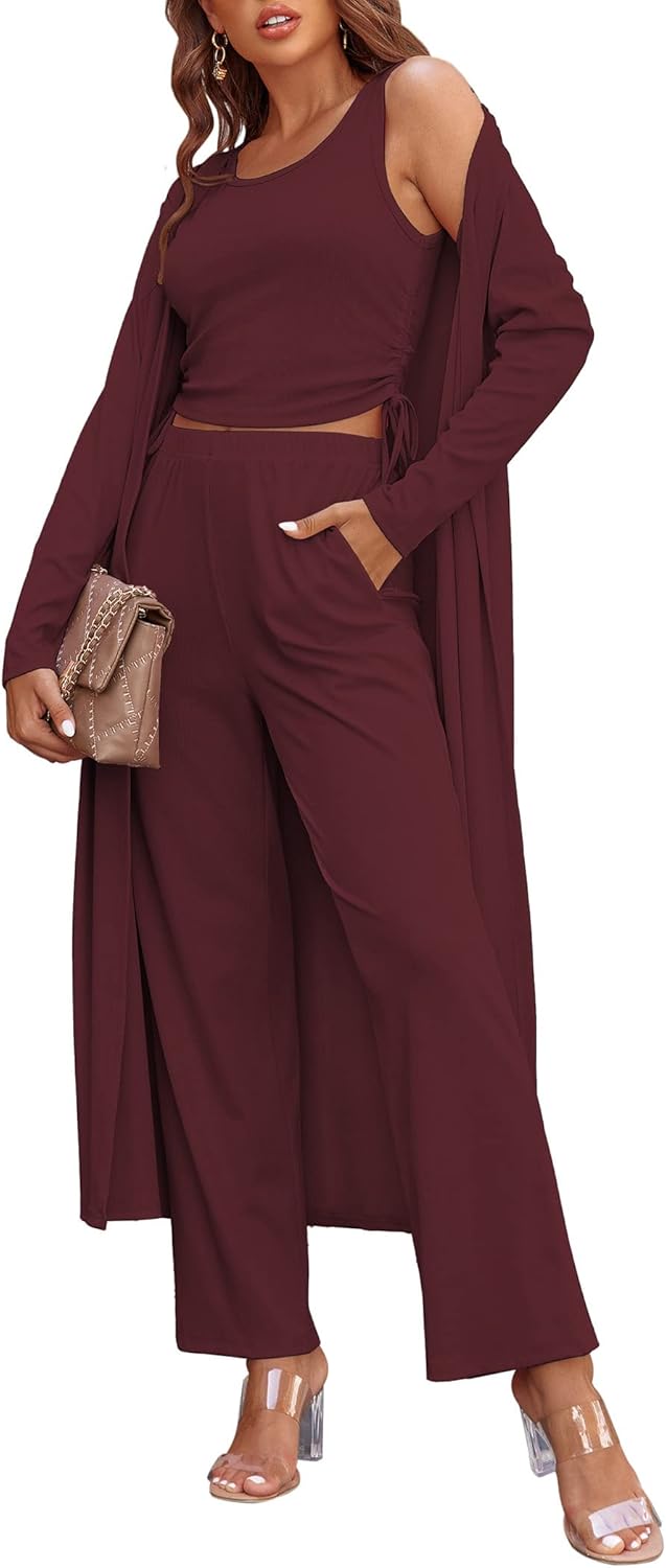 Women’s 3-Piece Lounge Set Cardigan Tank Top Pants Pajamas