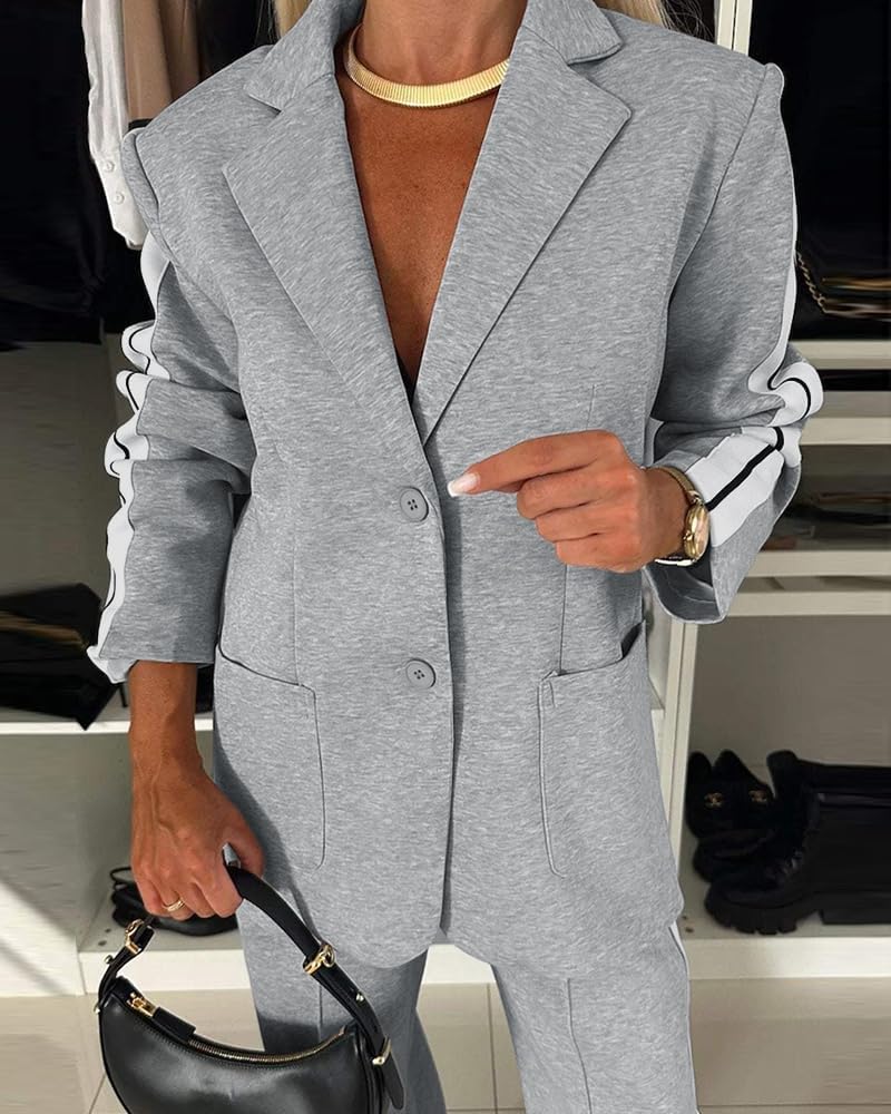 Women’s Two-Piece Blazer & Pants Set – Striped Business Casual Suit