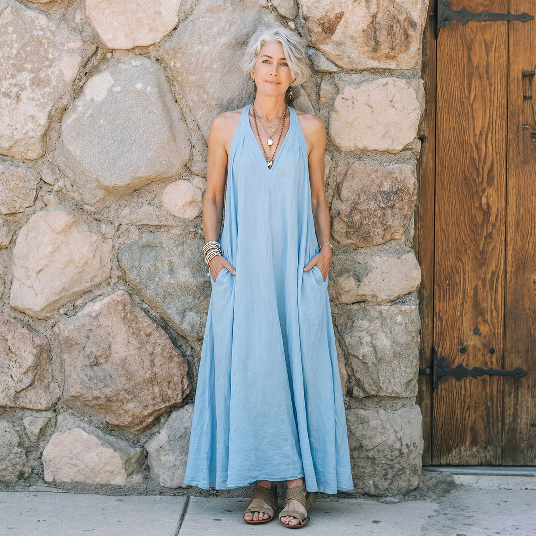 Linen Blend Solid Color Loose V-neck Sleeveless Pocket Casual Maxi Dress