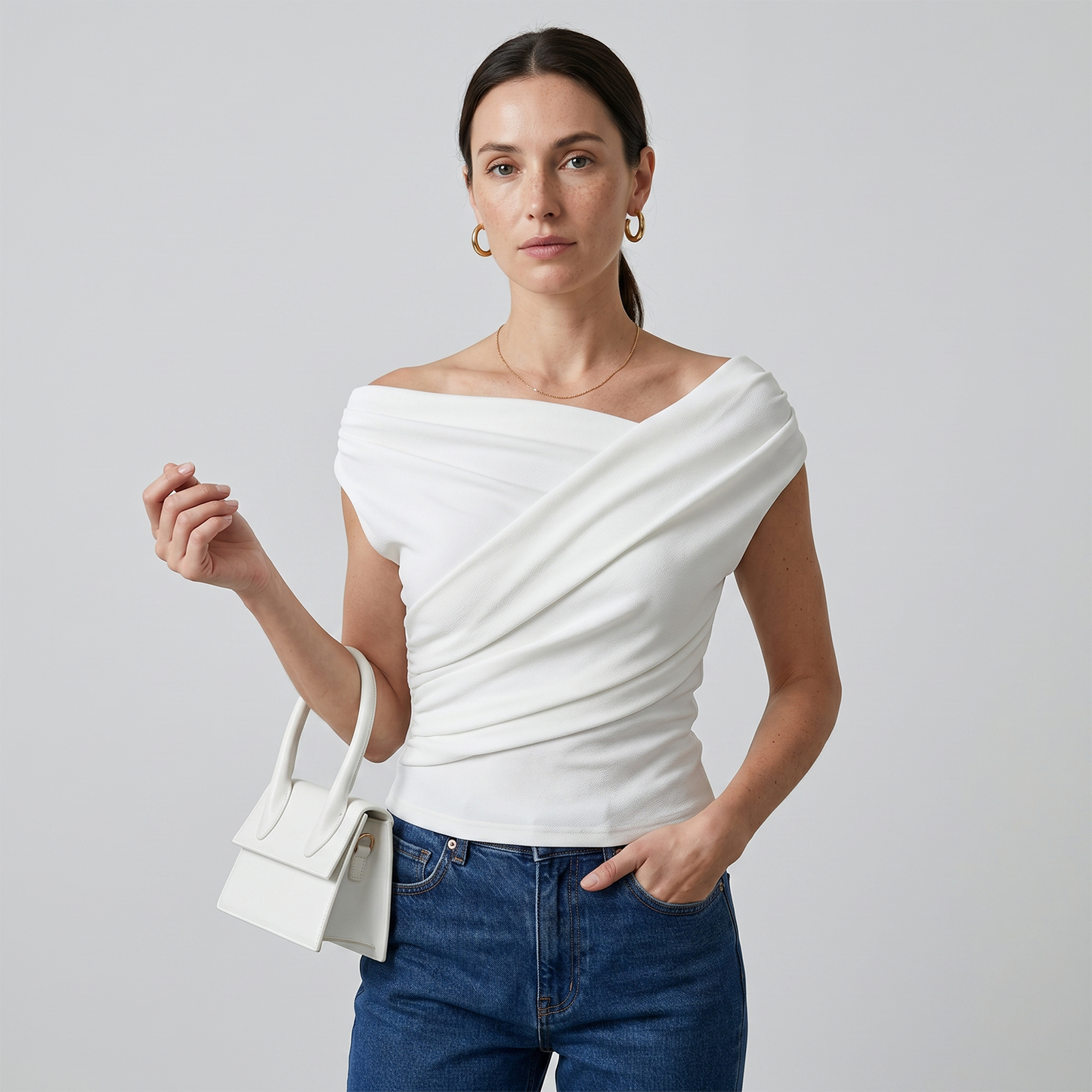 Asymmetric Neckline Ruched Blouse