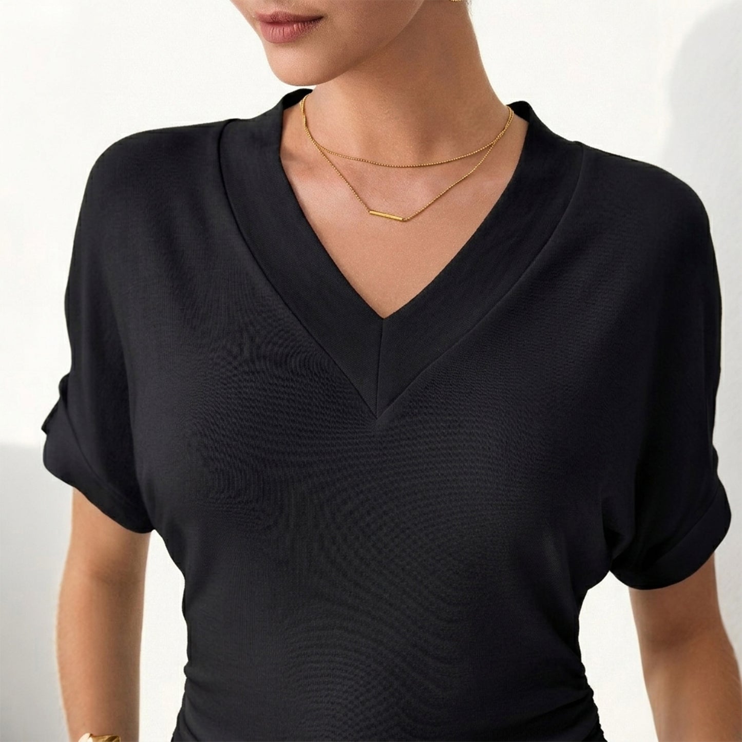 V-Neck Waist-Cinching Ruched T-Shirt