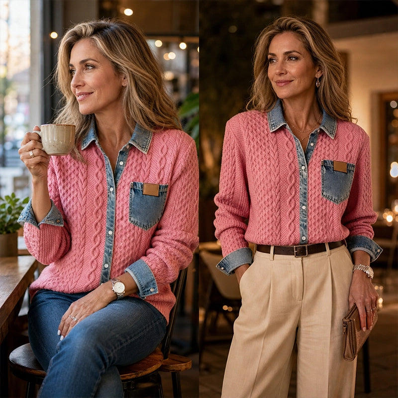 Women’s Denim Patchwork Knit Shirt Jacket