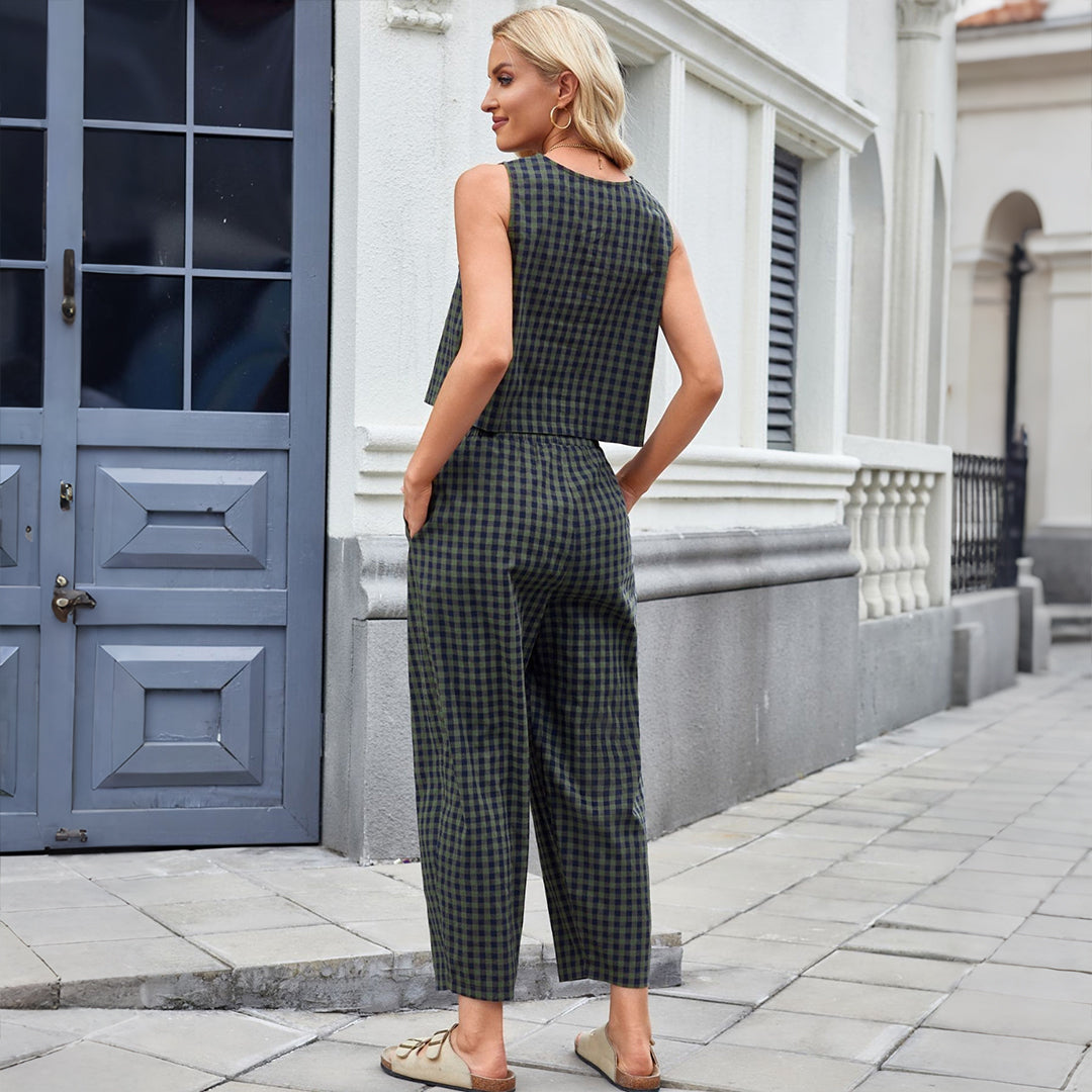 Plaid Sleeveless Top and Pants Set