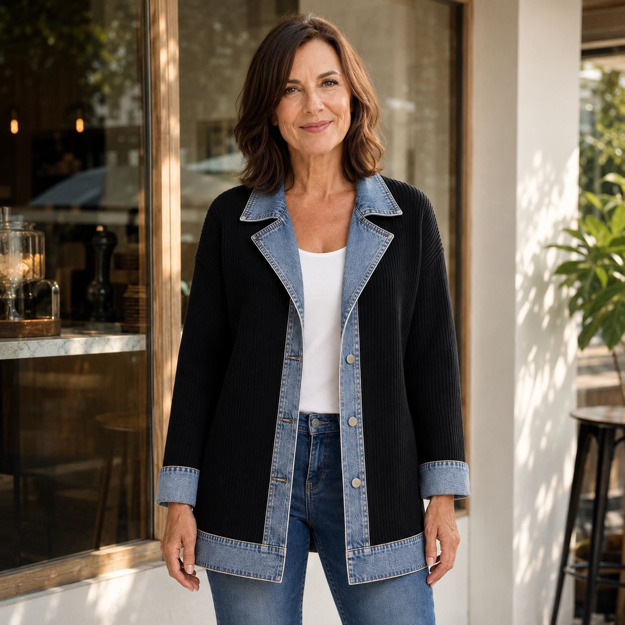 Women's Denim-Trim Knit Jacket