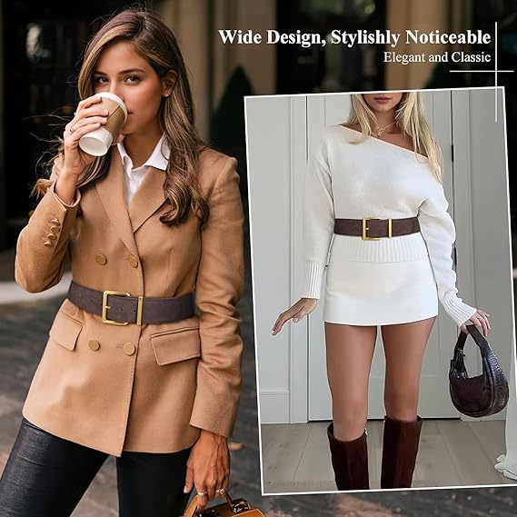 Women Wide Chunky Belt Fashion Thick Suede Belt with Gold Buckle