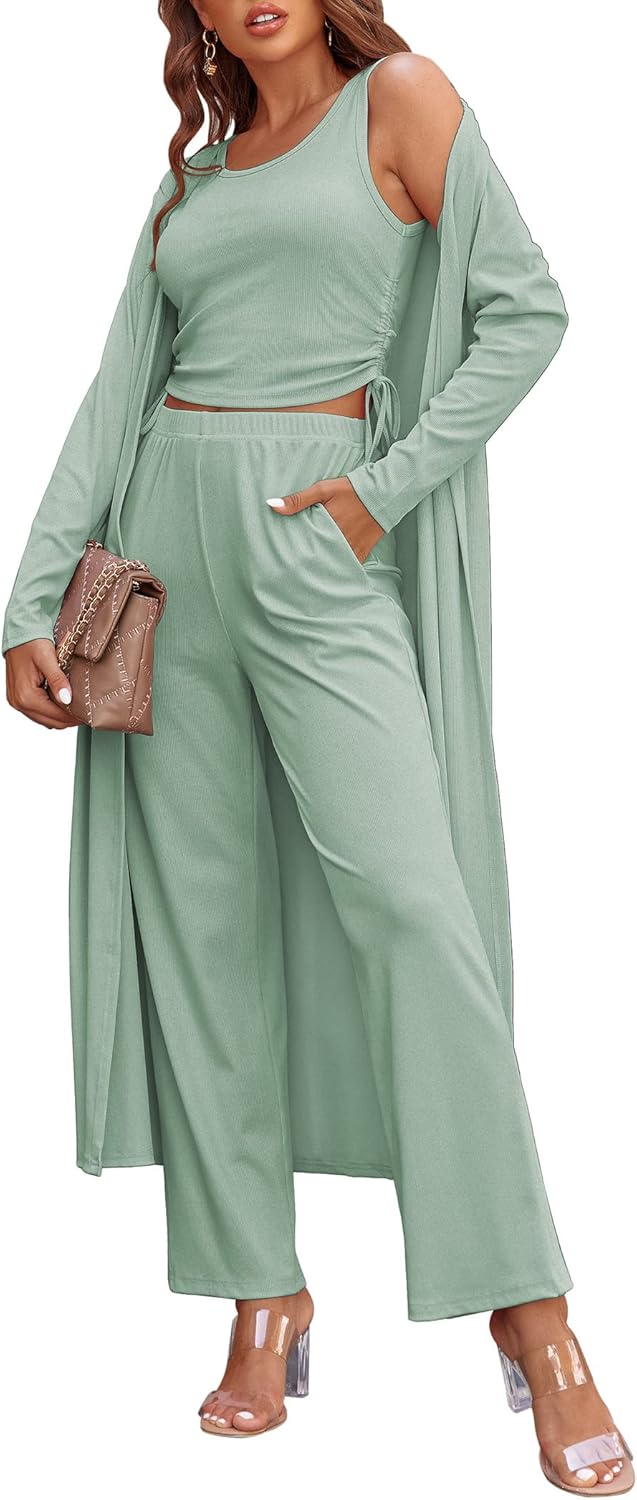 Women’s 3-Piece Lounge Set Cardigan Tank Top Pants Pajamas