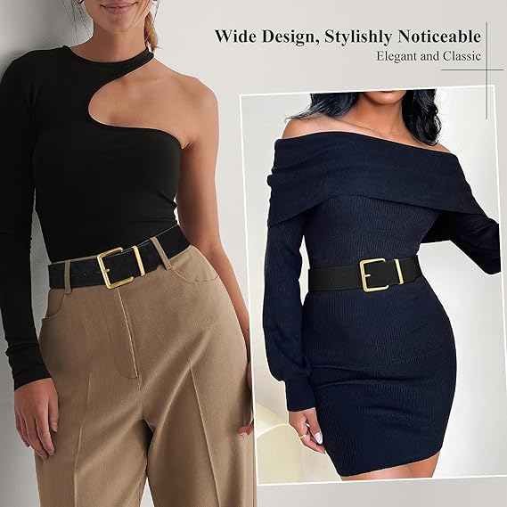 Women Wide Chunky Belt Fashion Thick Suede Belt with Gold Buckle