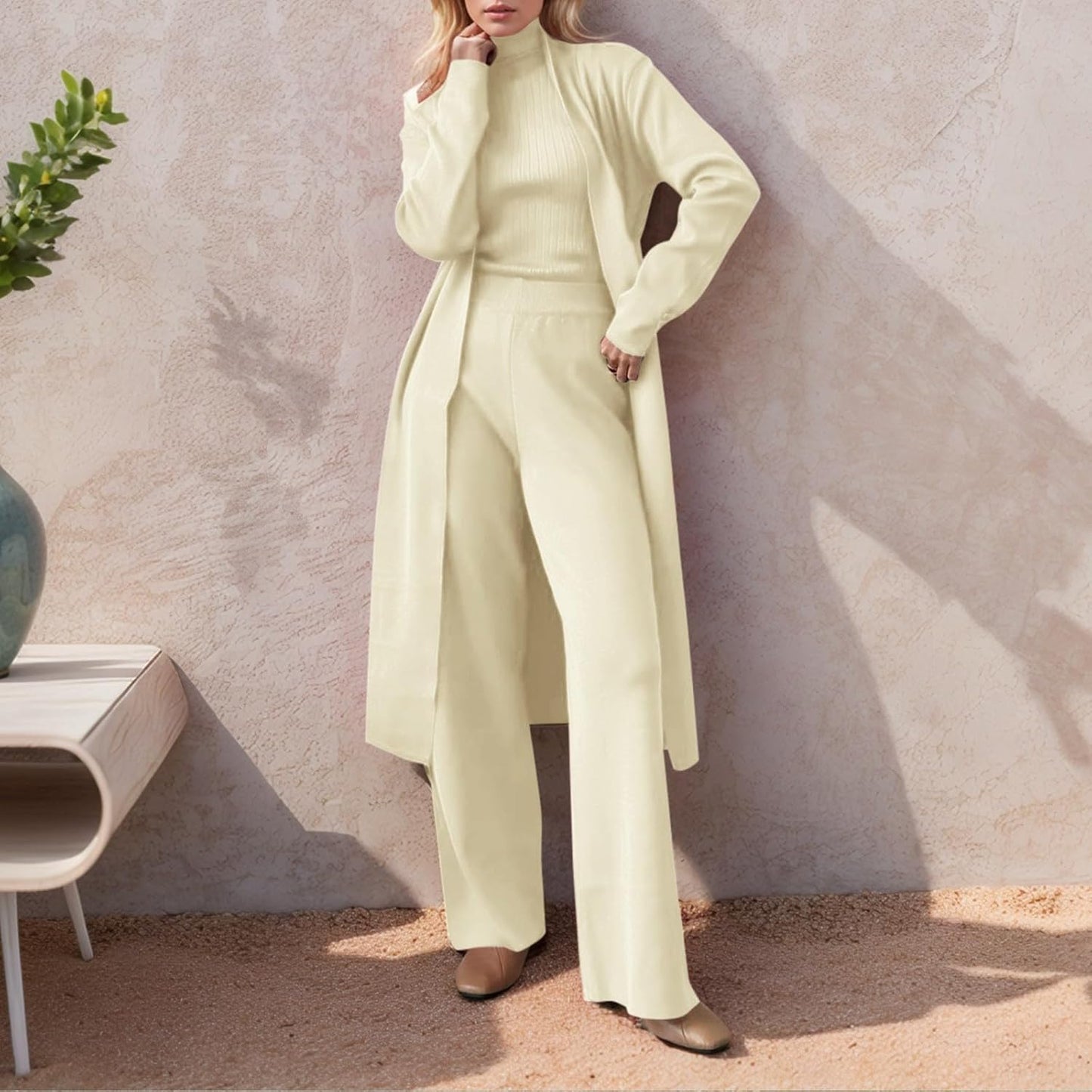 Women’s 3-Piece Knit Lounge Set – Cardigan, Tank & Wide Leg Pants