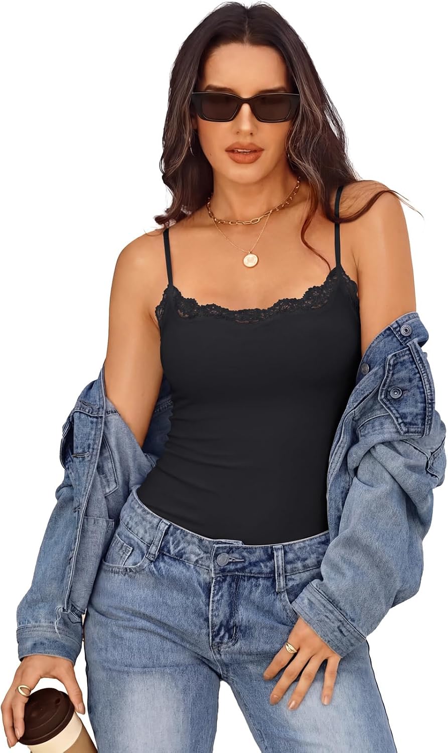 Women's Built in Bra Lace Tank Tops Double Lined Summer Cami Shirt